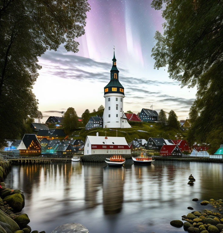 Twilight scene with aurora over village and white tower