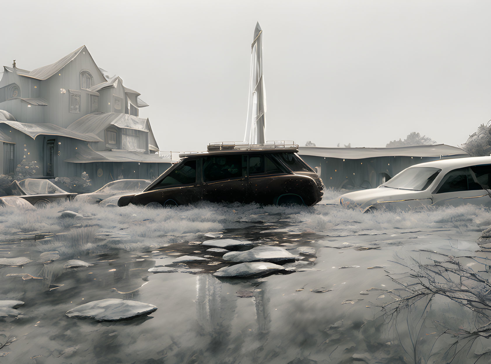 Submerged vehicles in icy water near modern homes under hazy sky