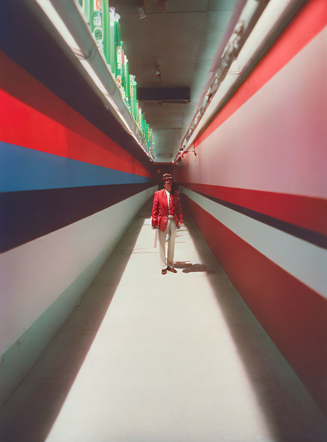 Person in Red Outfit in Hallway with Red, White, and Blue Diagonal Stripes