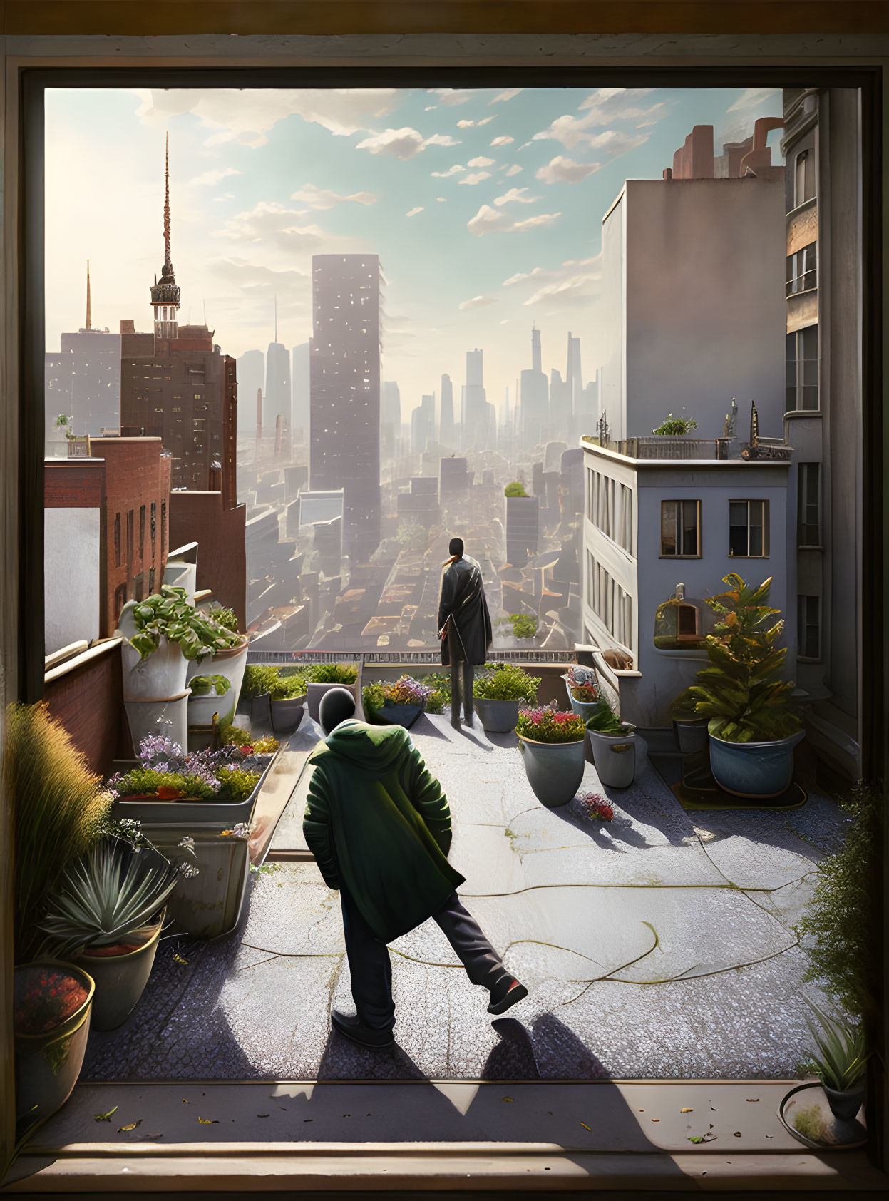 Man in green hoodie gazes from plant-filled balcony at cityscape and skyscrapers.