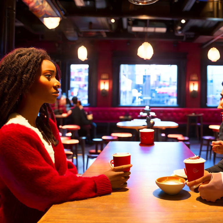 Person in Red and White Sweater Contemplating at Cafe Table