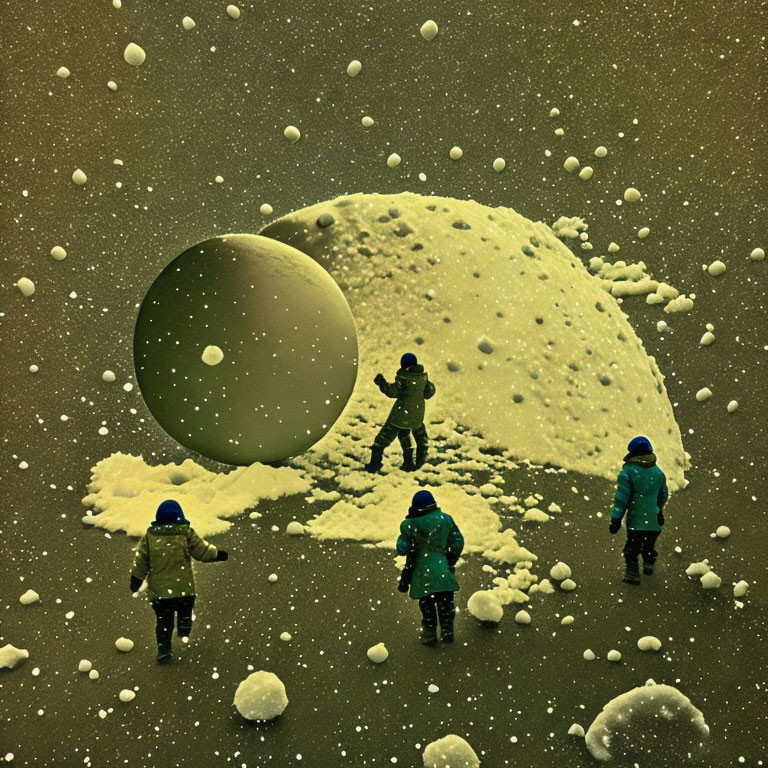 Four people in winter clothing on surreal moonscape with snow.