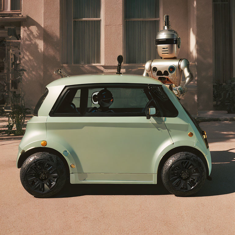 Compact Green Car Parked Beside Building with Robot on Roof