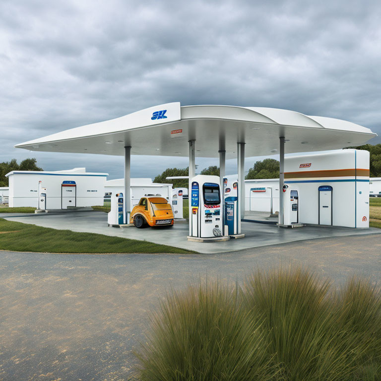 Modern gas station with white and blue color scheme, convenience store, fuel pumps, and parked car.