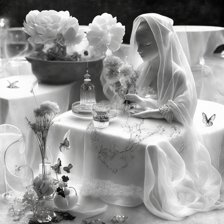 Pensive bride at elegantly decorated table with butterflies