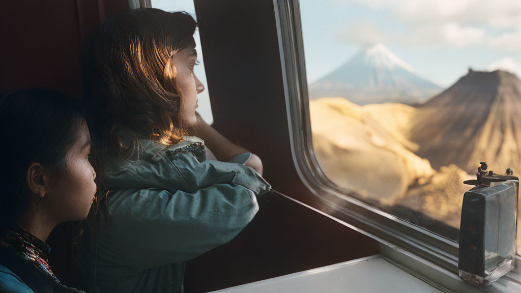 Two people looking out train window at mountain view