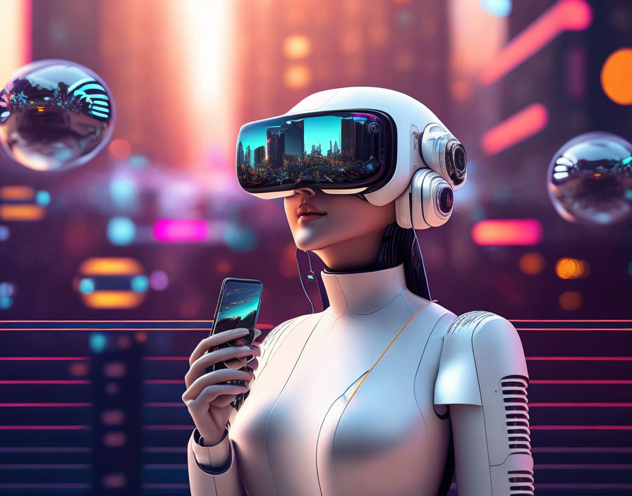 Futuristic humanoid robot with VR headset and smartphone in neon cityscape