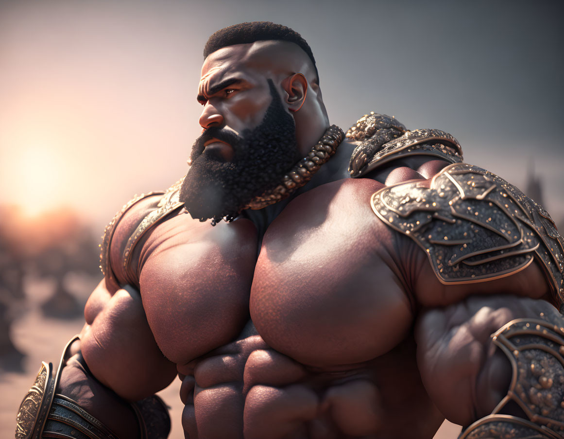 Muscular bearded character in ornate armor under sunset sky