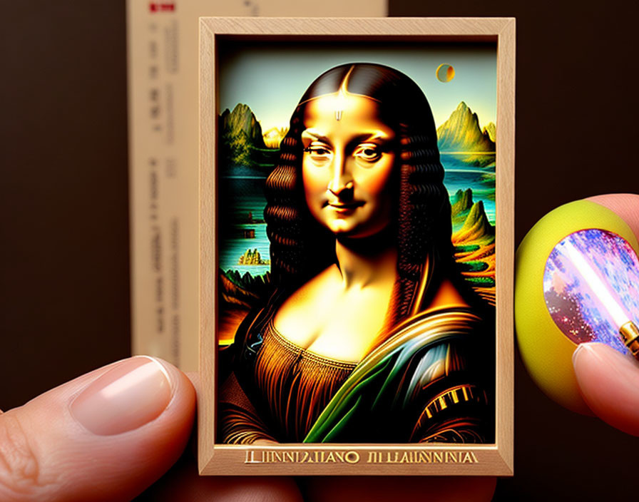 Colorful Mona Lisa rendition with metallic details held against mountain backdrop