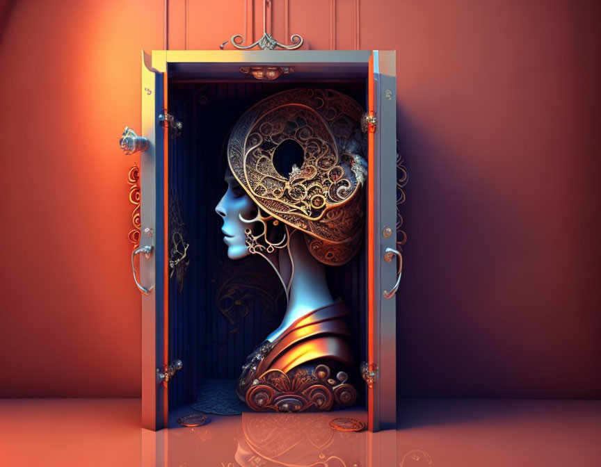 Ornate humanoid bust in open safe on warm red background