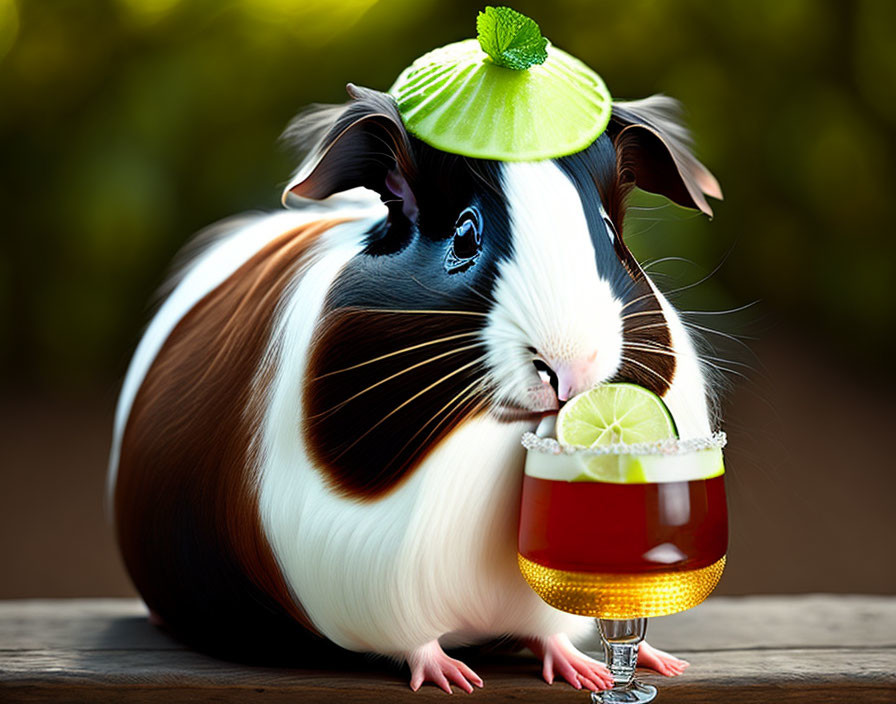 Guinea pig next to cocktail glass with lime on bar counter