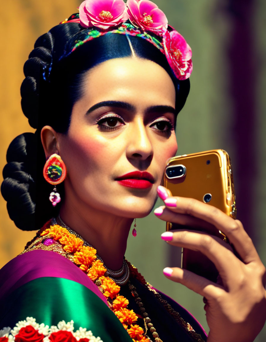 Portrait of woman with floral headpiece and braided hair holding golden phone, bright earrings, blurred background