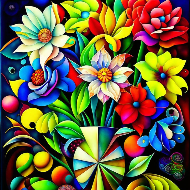 Colorful Abstract Painting with Stylized Flowers on Dark Background