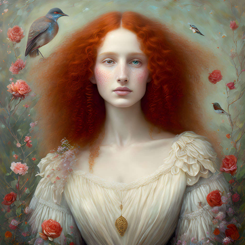 Portrait of woman with red hair, pale skin, surrounded by flowers and birds