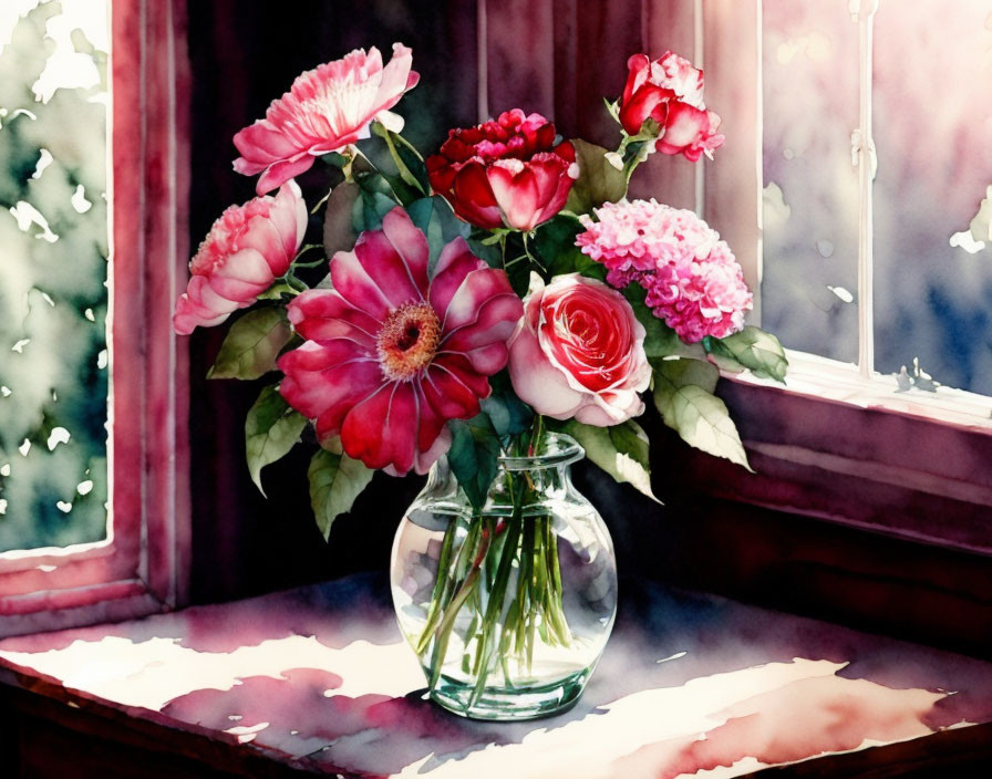 Colorful Watercolor Painting: Mixed Flower Bouquet in Glass Vase on Rainy Windowsill