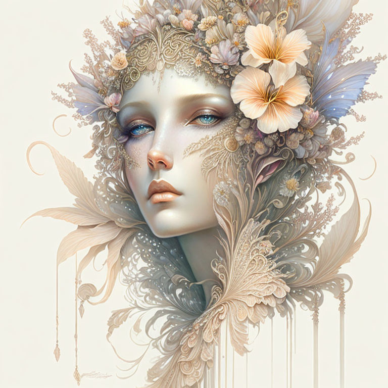 Ethereal portrait of woman with floral and feather motifs in soft creams and pastels