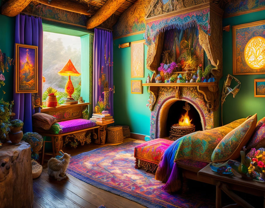 Vibrant cozy room with ornate fireplace, colorful rugs, and a cat