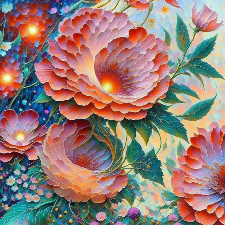 Colorful Painting of Large Flowers with Orange-Pink Petals and Glowing Orbs