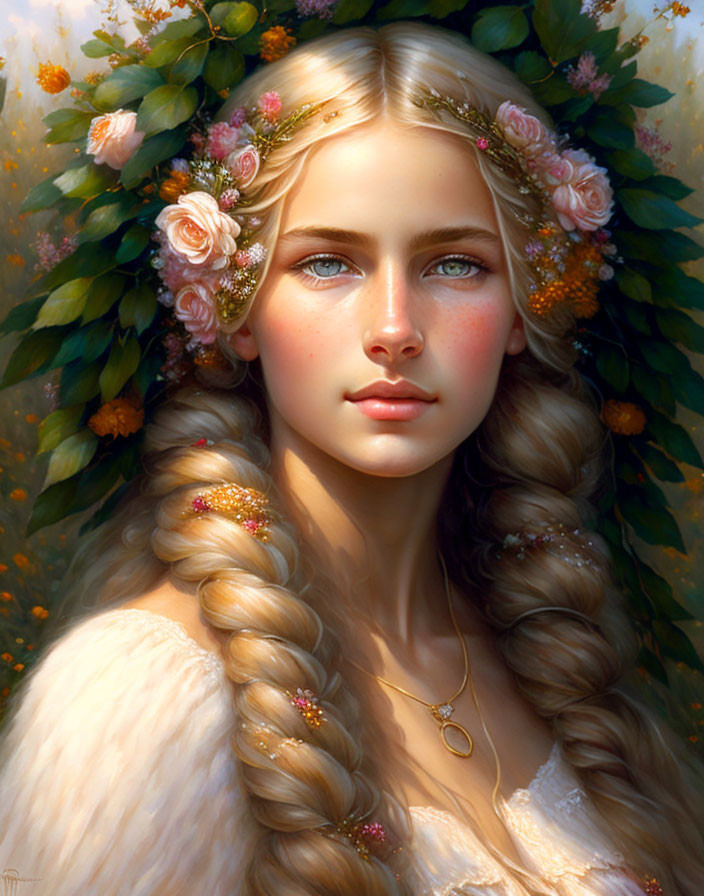 Blond woman with braided hair and floral wreath in serene setting