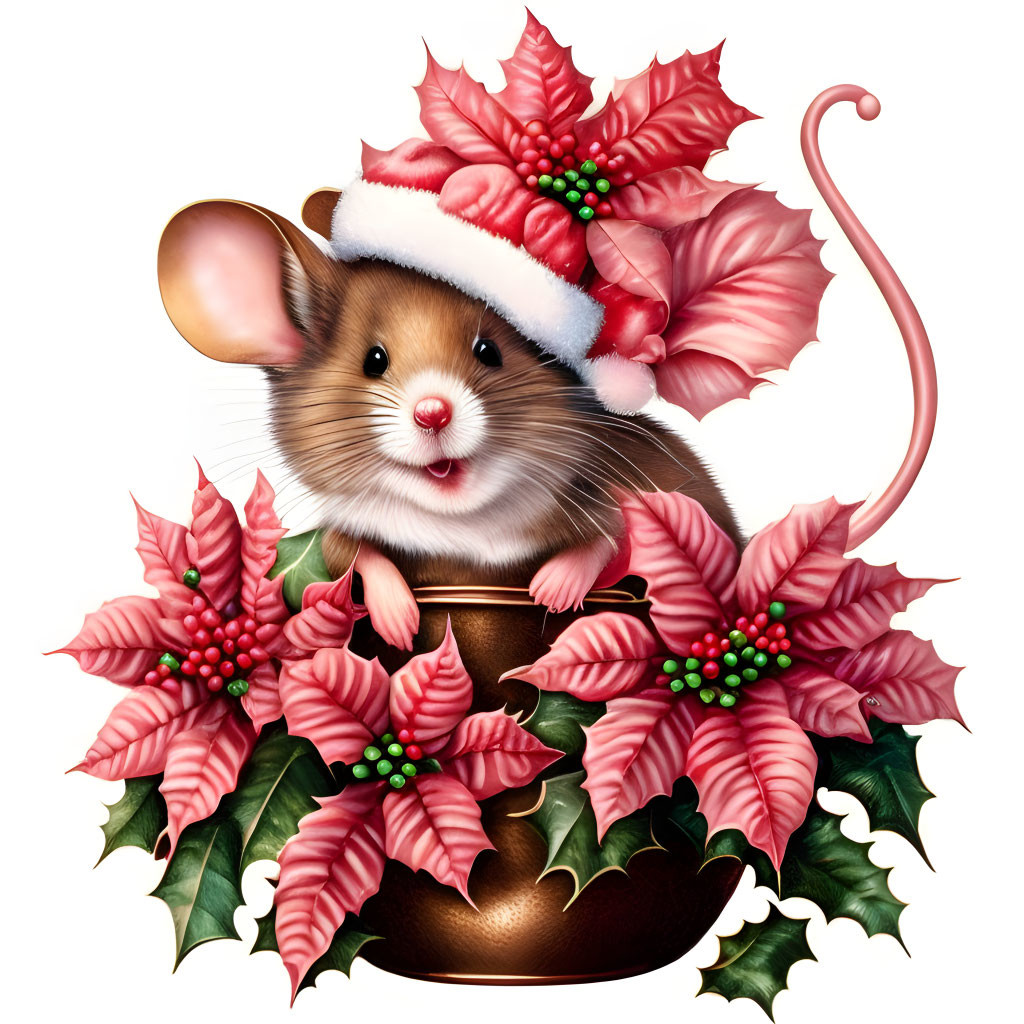 Cute Mouse in Santa Hat Among Red Poinsettias