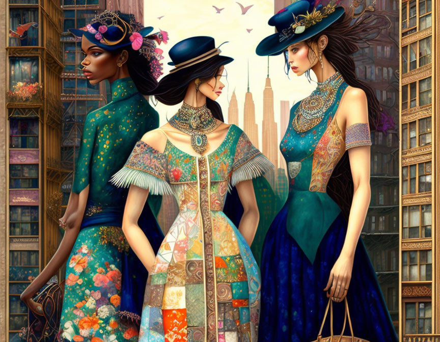 Three women in vibrant outfits with intricate patterns against an urban skyline