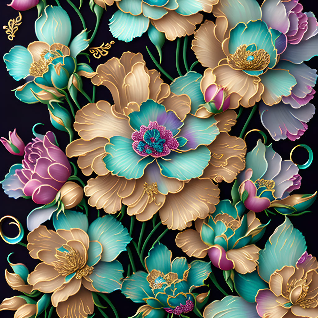 Floral Pattern with Turquoise and Gold Flowers on Dark Background