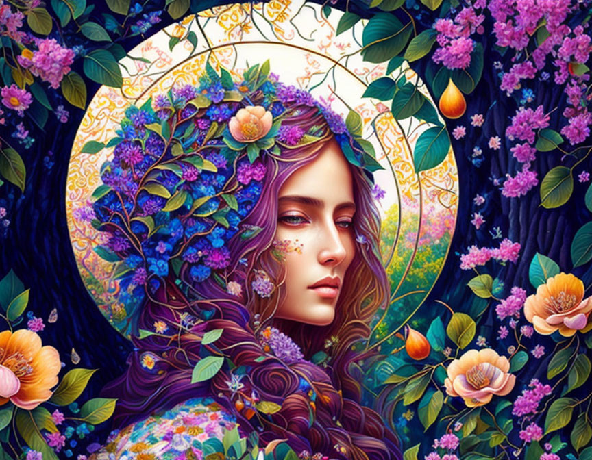 Illustration of woman with purple hair in mystical floral setting