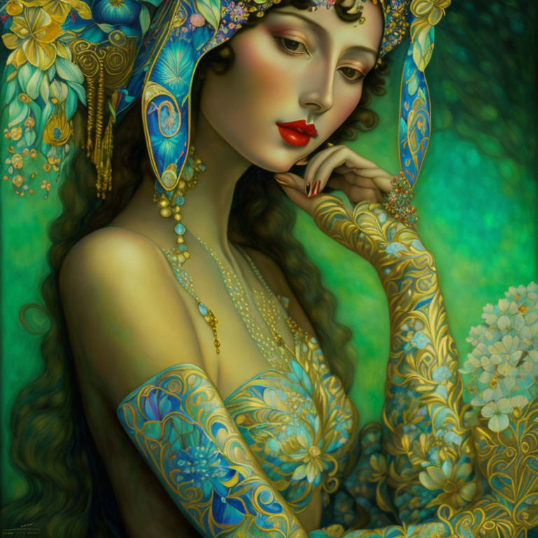 Elaborate blue and gold attire on pensive woman among lush floral patterns