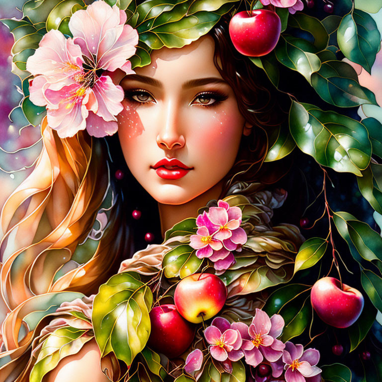 Illustration of woman with flowers and fruits in hair: red apples, pink blossoms, green foliage