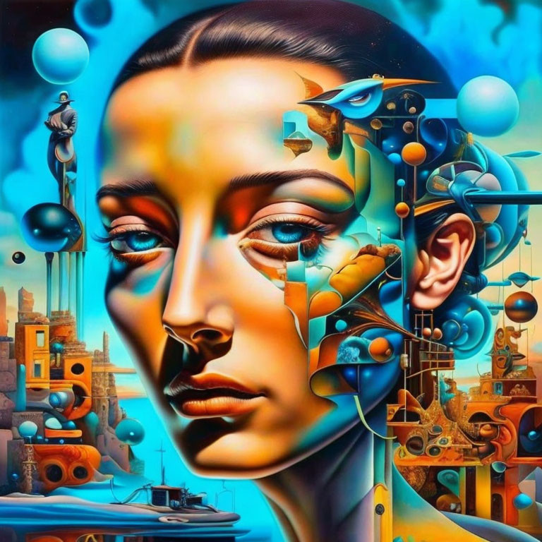 Surreal portrait blending woman's face with mechanical structures in blue tones