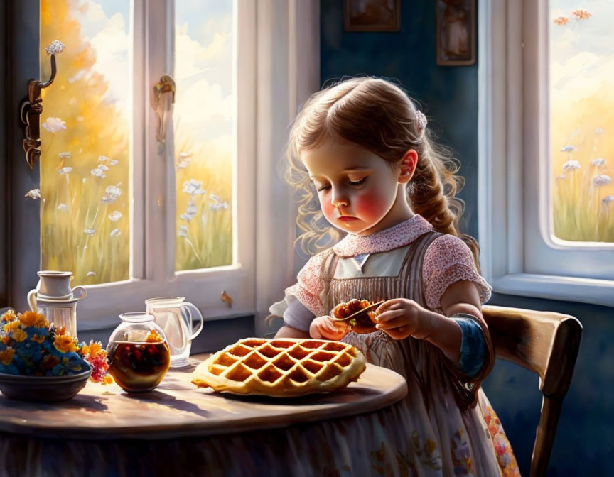 Young girl in vintage dress spreading jam on waffle at rustic table by sunny window