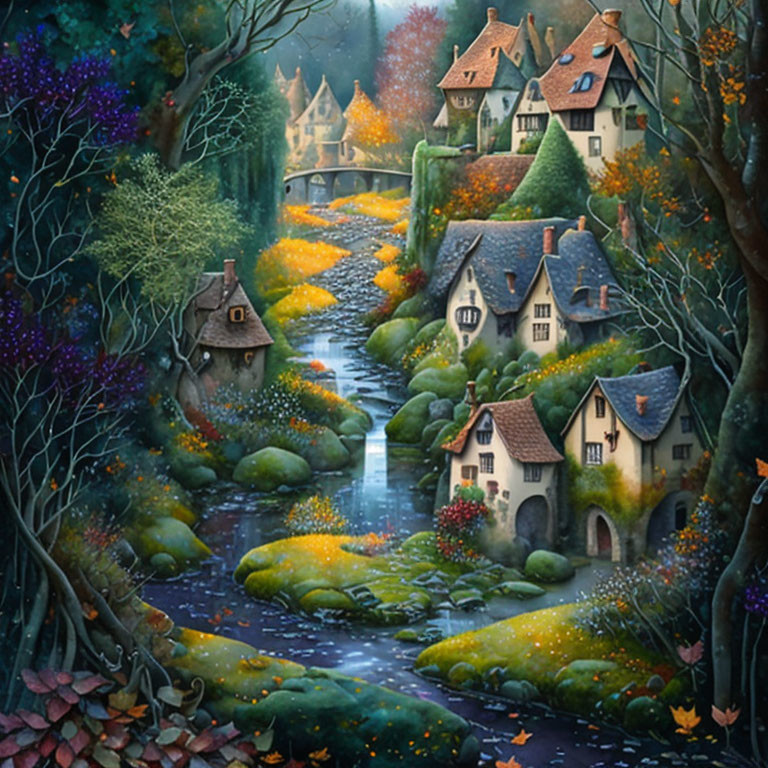 Colorful autumn scene: cottages, trees, river at twilight