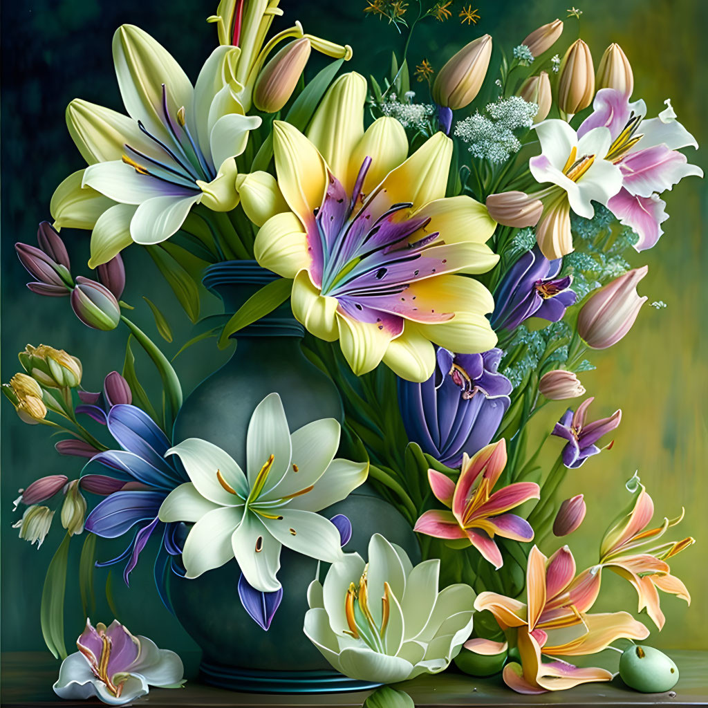 Colorful Lily and Gypsophila Arrangement in Dark Green Vase