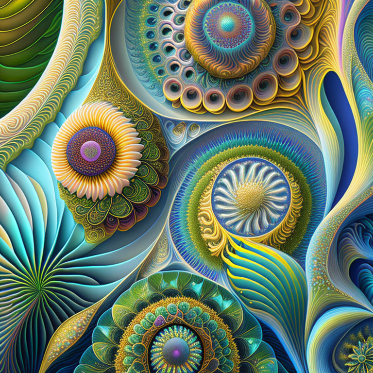 Colorful abstract digital art with swirling shapes and layered petals in blues, greens, and purples