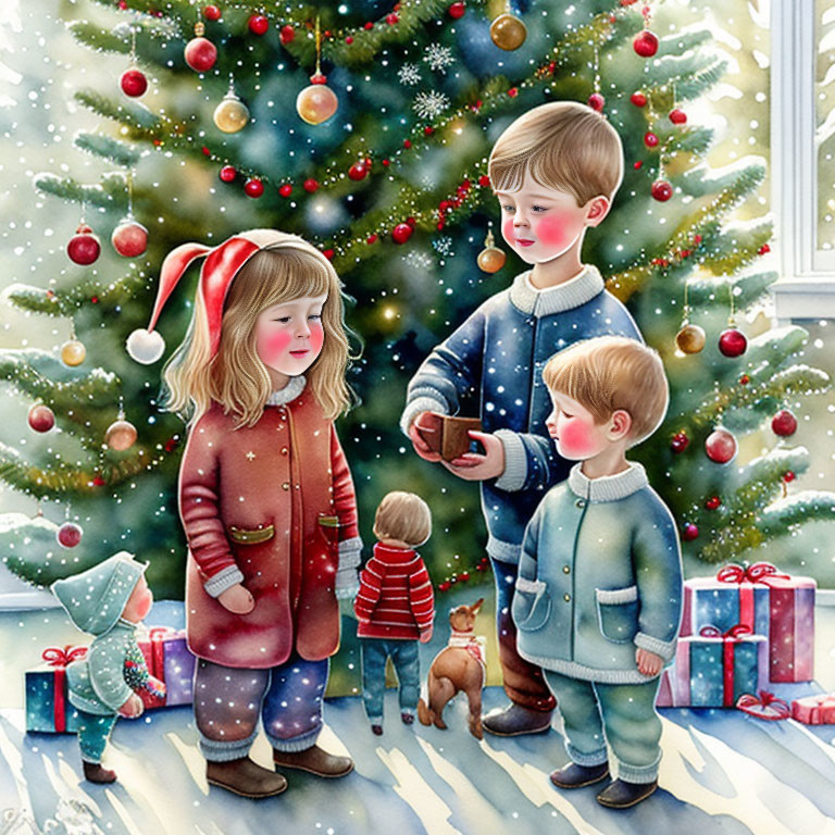 Four children and a dog by Christmas tree with gifts, snowy window view