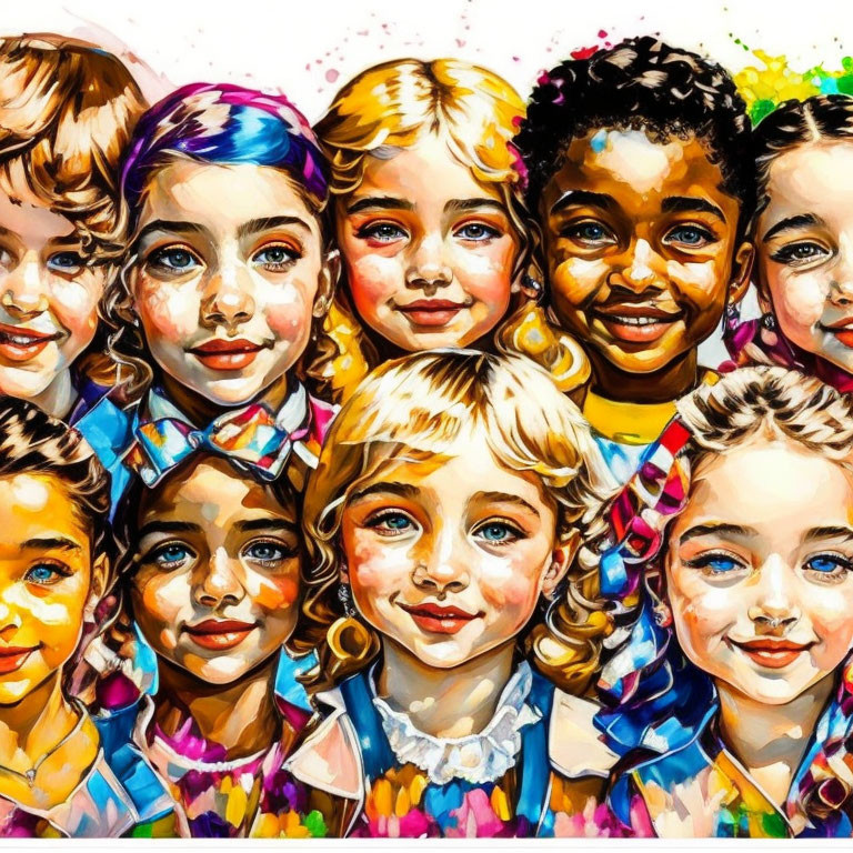 Colorful Painting of Diverse Smiling Children Celebrating Unity