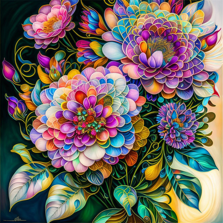 Colorful Stylized Overlapping Flowers with Intricate Petals