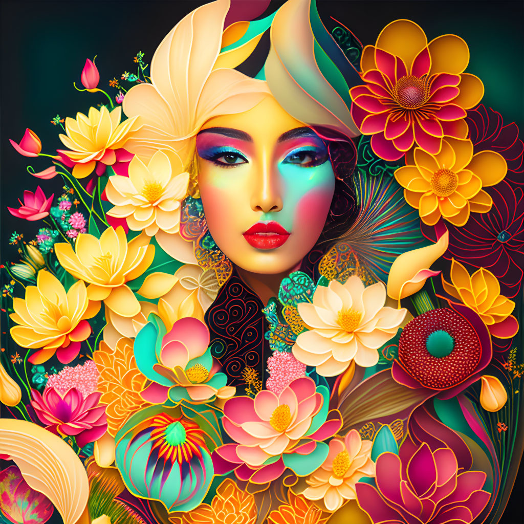 Colorful digital art: Woman's face with vibrant flowers & abstract patterns