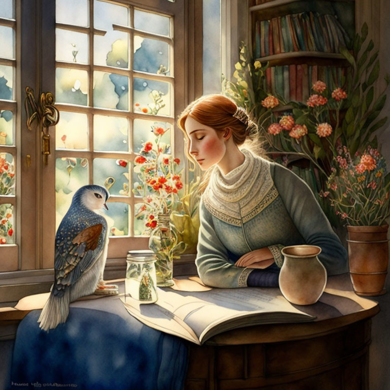 Woman in sweater reading book by window with bird and flowers