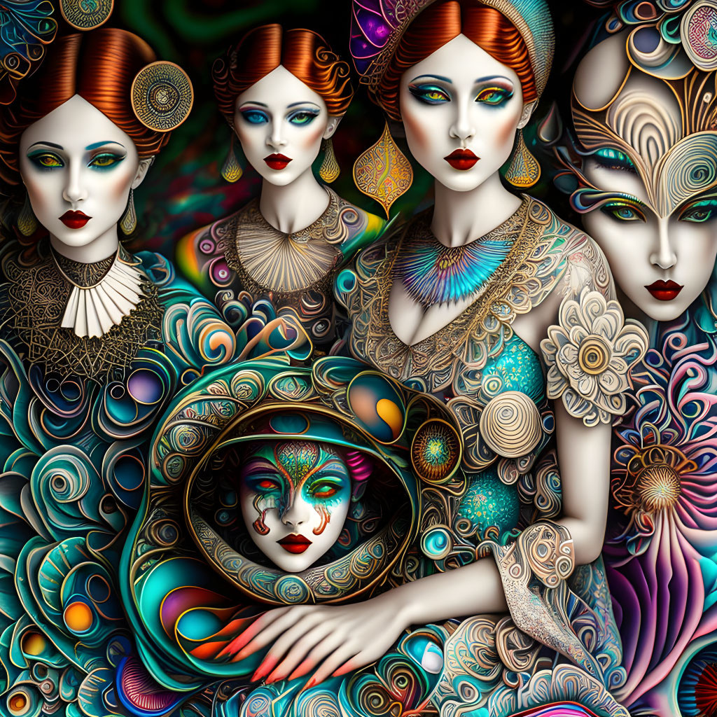 Colorful digital art of intricate female figures with elaborate patterns