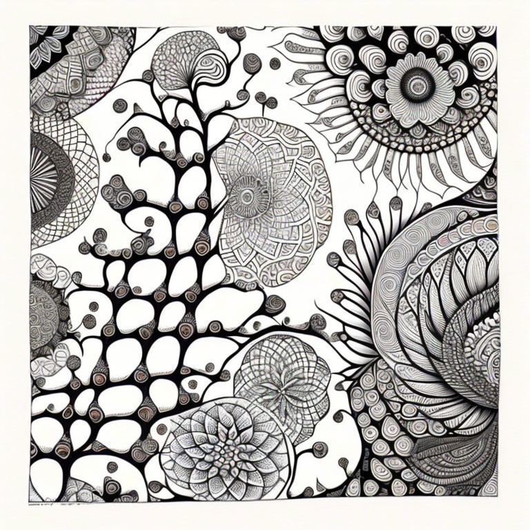 Detailed Black and White Abstract Drawing with Floral and Mandala Patterns