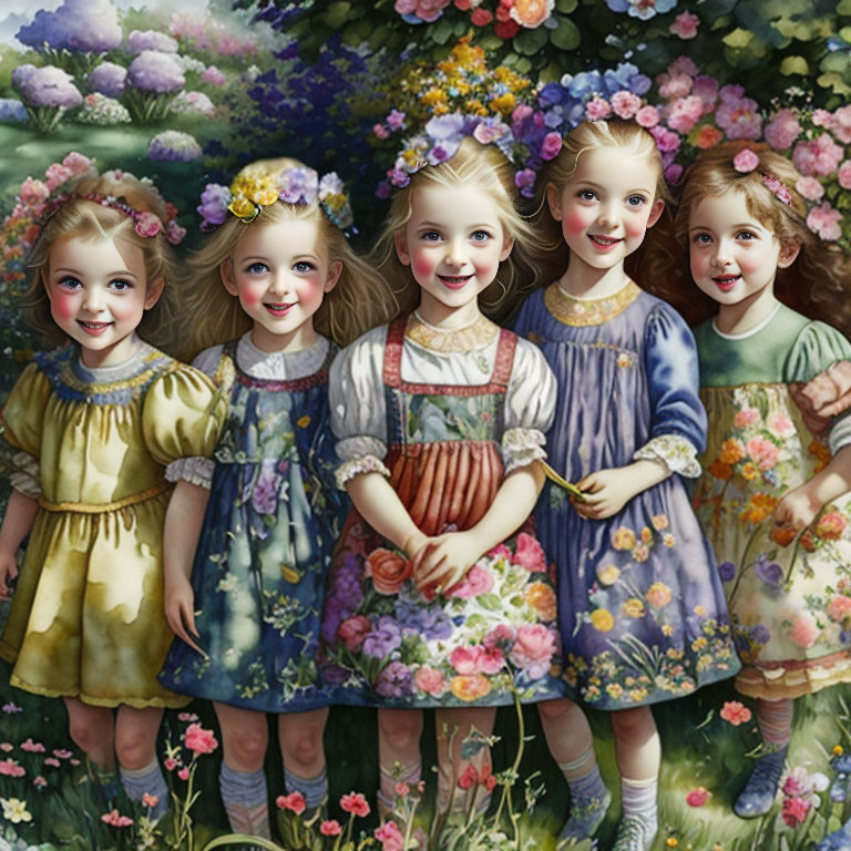 Four animated girls in flower crowns and vintage dresses among colorful garden flowers