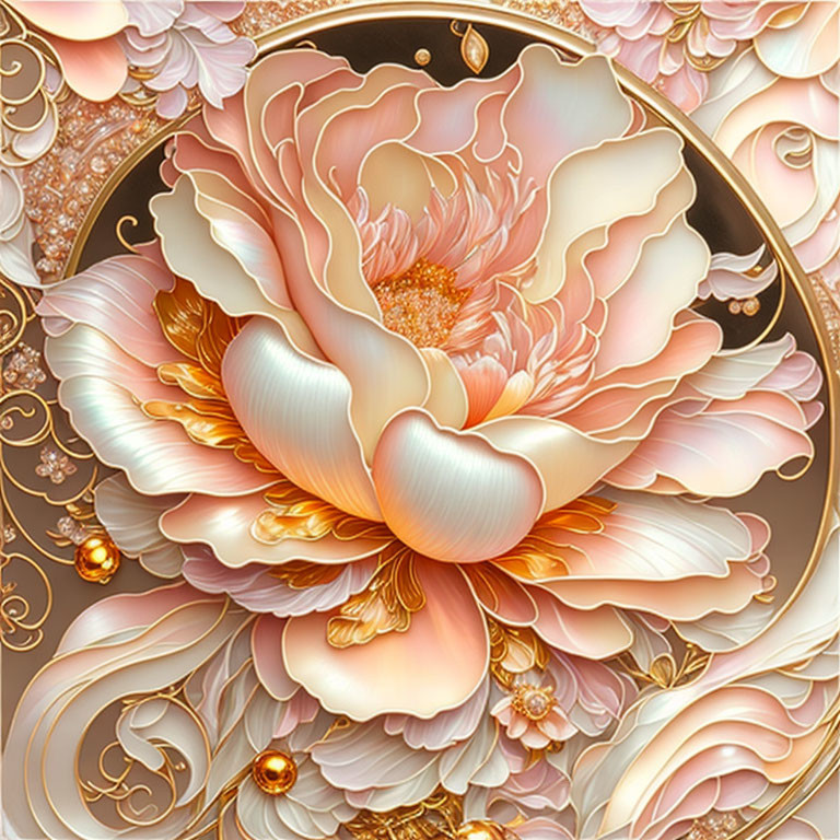 Detailed ornate illustration of a blooming flower with pink and creamy petals and golden floral patterns.