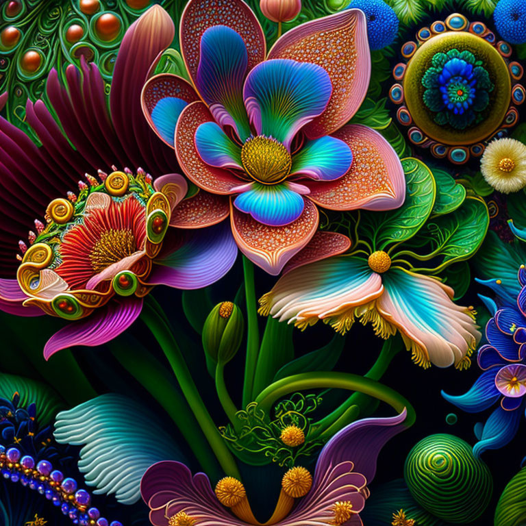 Colorful Stylized Flower Art Against Dark Botanical Background