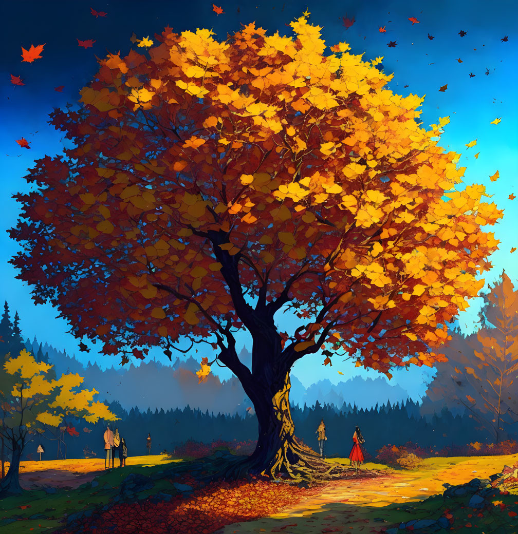 Majestic golden tree in vibrant autumn scene with people and birds