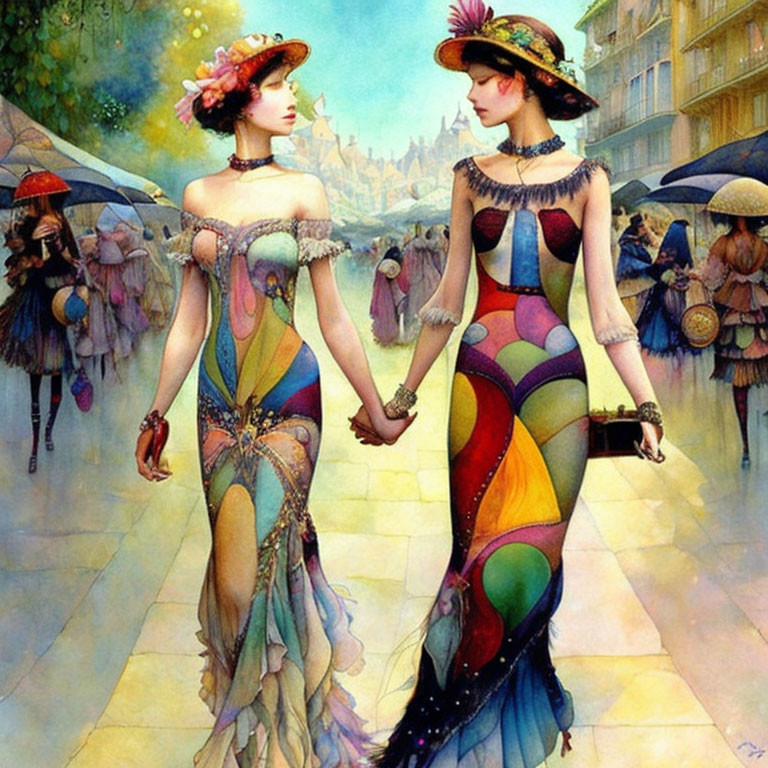 Two women in colorful dresses holding hands in vibrant art style