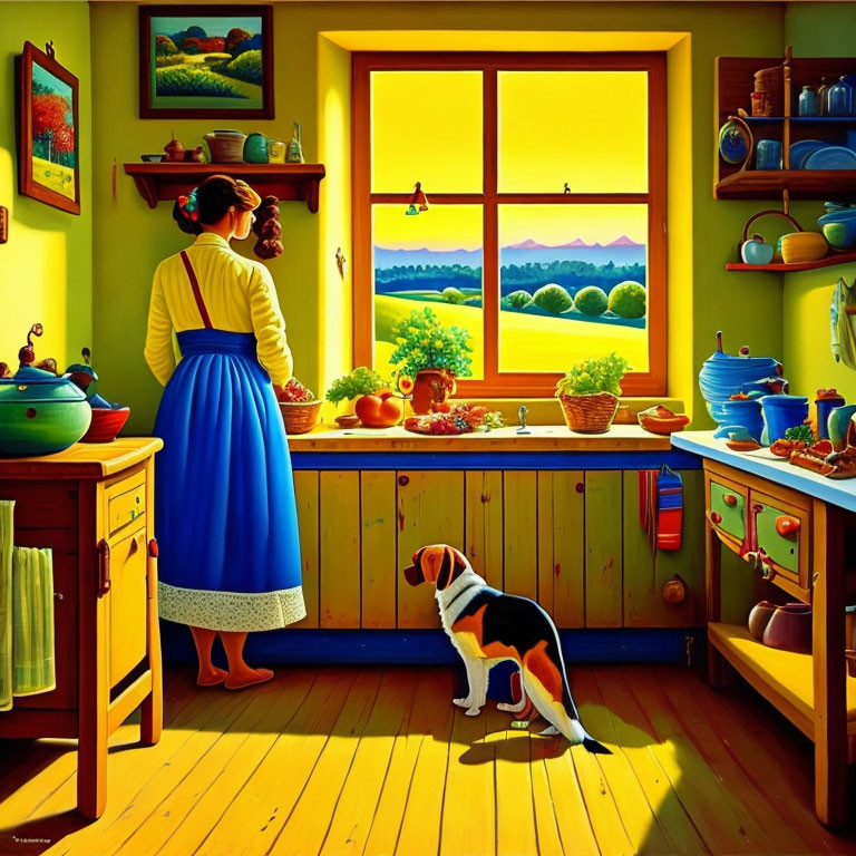 Bright kitchen scene with woman, beagle dog, mountain view, colorful pottery, and fruit.