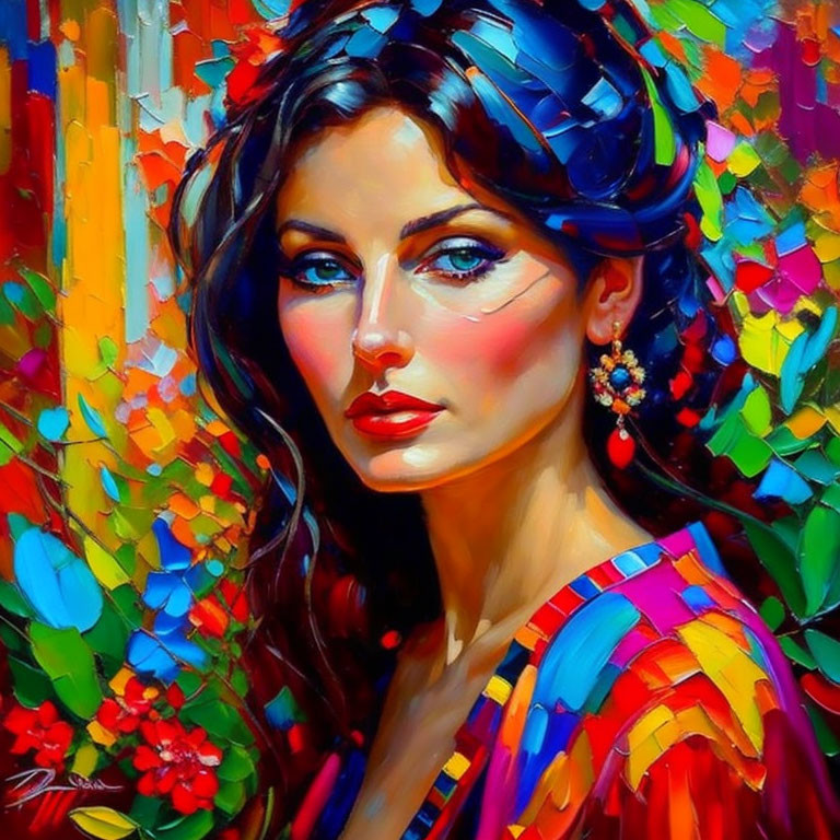 Colorful painting of woman with blue eyes in floral mosaic.