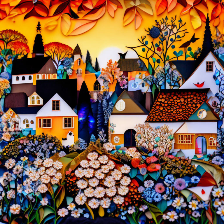 Vibrant whimsical village illustration with colorful patterned houses and lush flora under warm orange sky