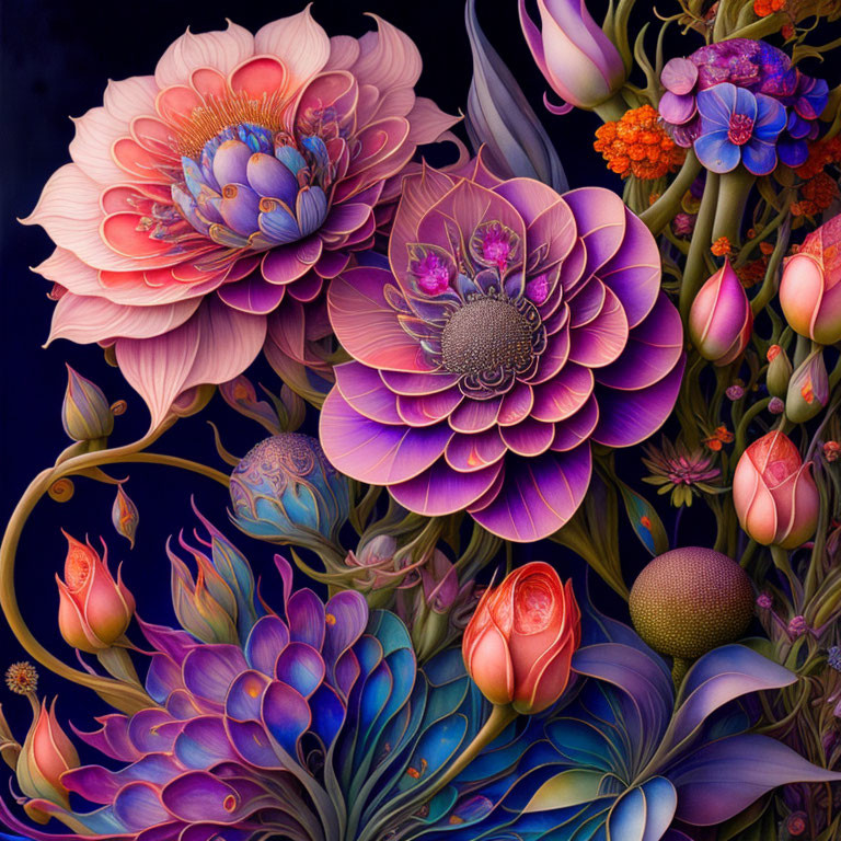 Colorful Stylized Flower Artwork in Pink, Purple, and Blue